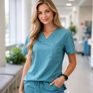 FIGS Teal Scrub Top Rayon Blend V-Neck Medical Healthcare Uniform Pocket